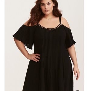 Torrid black gauze trapeze dress with gold detail